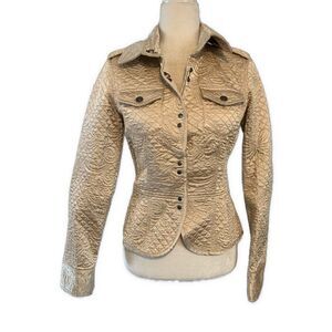 Nautica Womens Quilted Satin Solid Beige Long Sleeve Jacket Small
